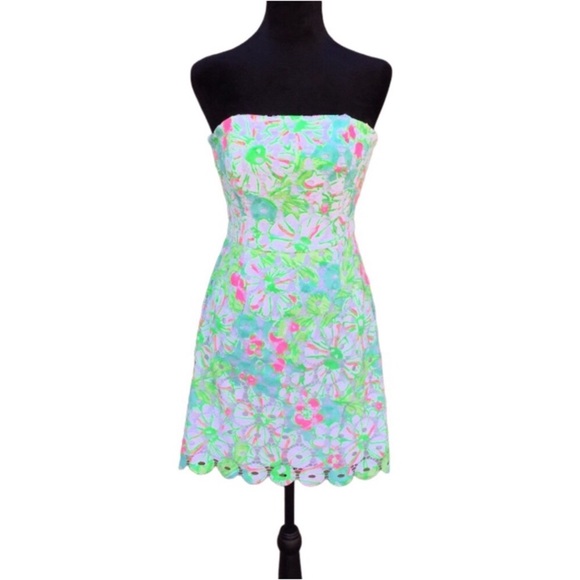 Lilly Pulitzer Rana SAND BAR BLUE Splish Neon Green Lace Dress - Picture 2 of 10